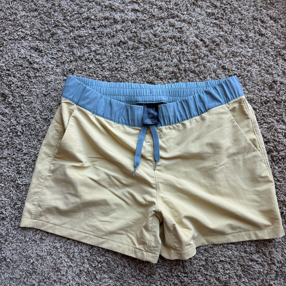 Free Fly Apparel Two-Tone Women's Athletic Shorts in Pale Yellow and Light Blue